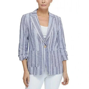 Laundry by Shelli Segal Gray & White Stripe Scrunched Sleeve Linen Blend Blazer